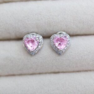 6mm Pink AAA CZ Diamond Heart Halo Stud Earrings Silver Stainless Steel